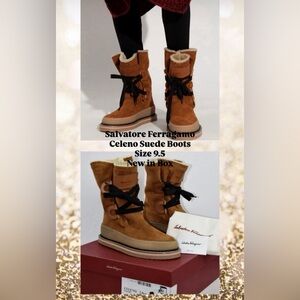 NIB Salvatore Ferragamo Sz 39.5 Celeno Vicuna Brown Suede Fur Gancini Bit Italy